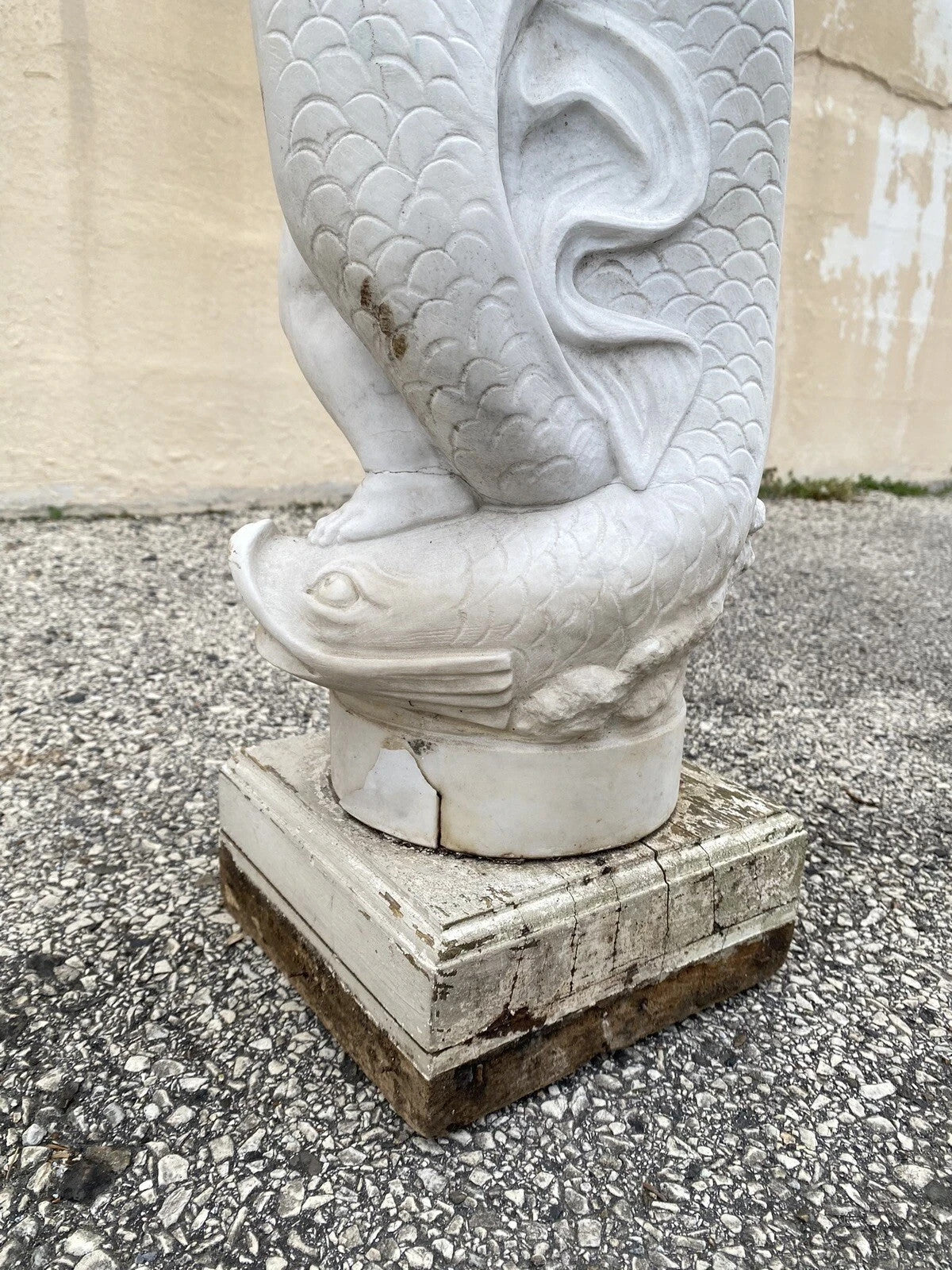Italian Classical Carved Marble 31" Cherub Dolphin Garden Fountain Statue