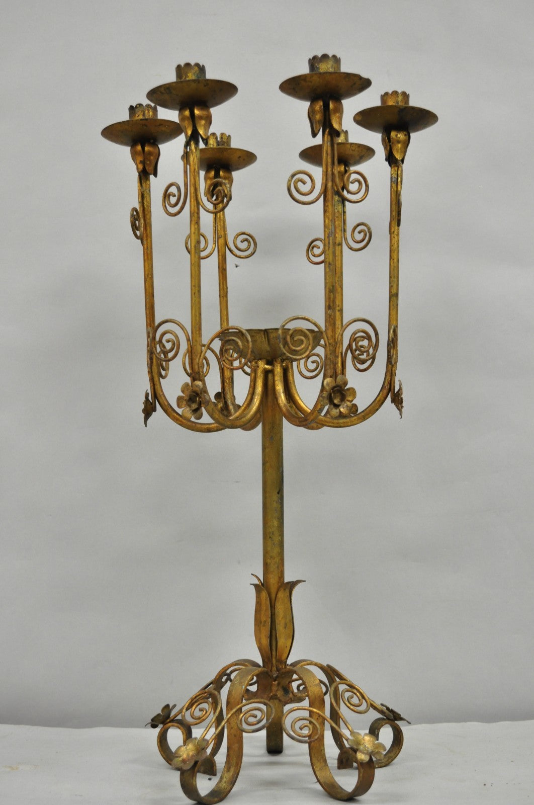 Vintage Italian Hollywood Regency Gold Gilt Iron Scrolling 6 Arm Candelabra