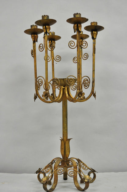 Vintage Italian Hollywood Regency Gold Gilt Iron Scrolling 6 Arm Candelabra