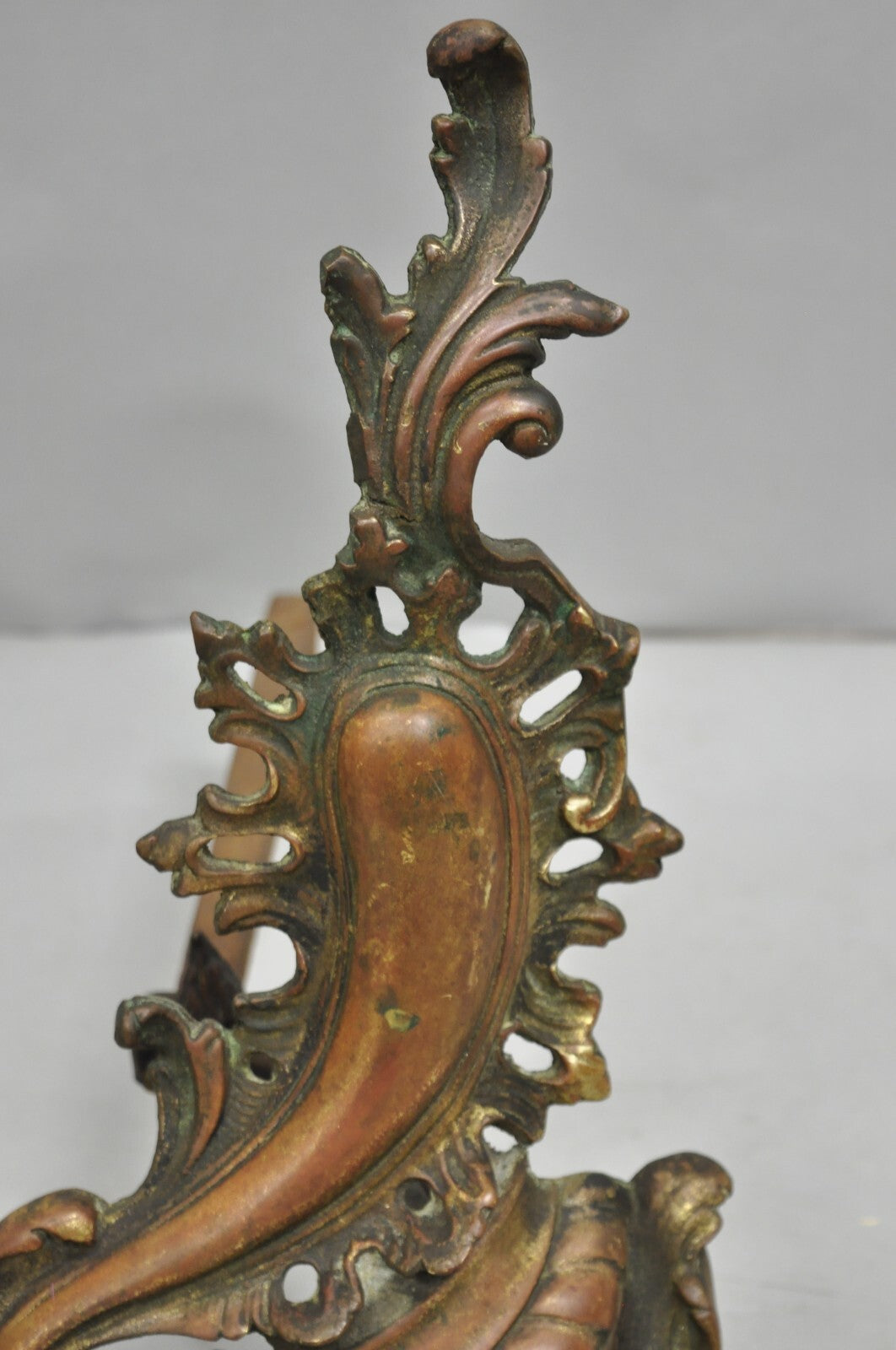 Antique French Louis XV Patinated Brass Bronze Small Fireplace Andirons & Fender