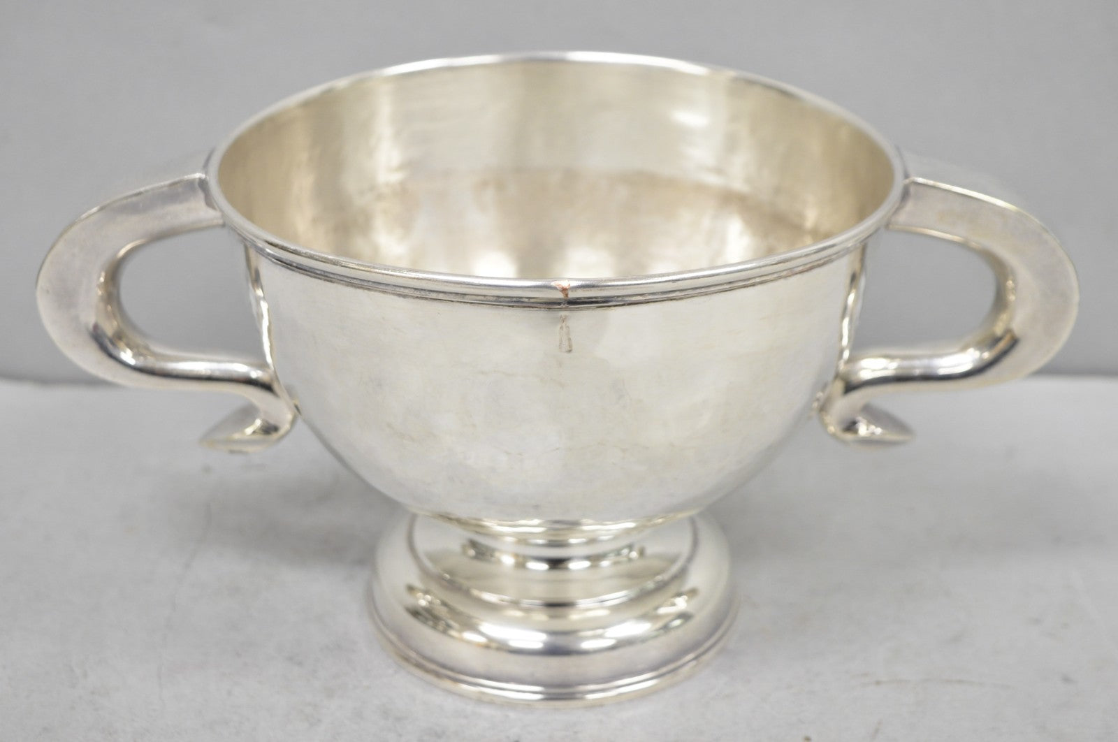 Antique Regency Silver Plated Thick Twin Handle Hand Hammered Trophy Cup Bowl