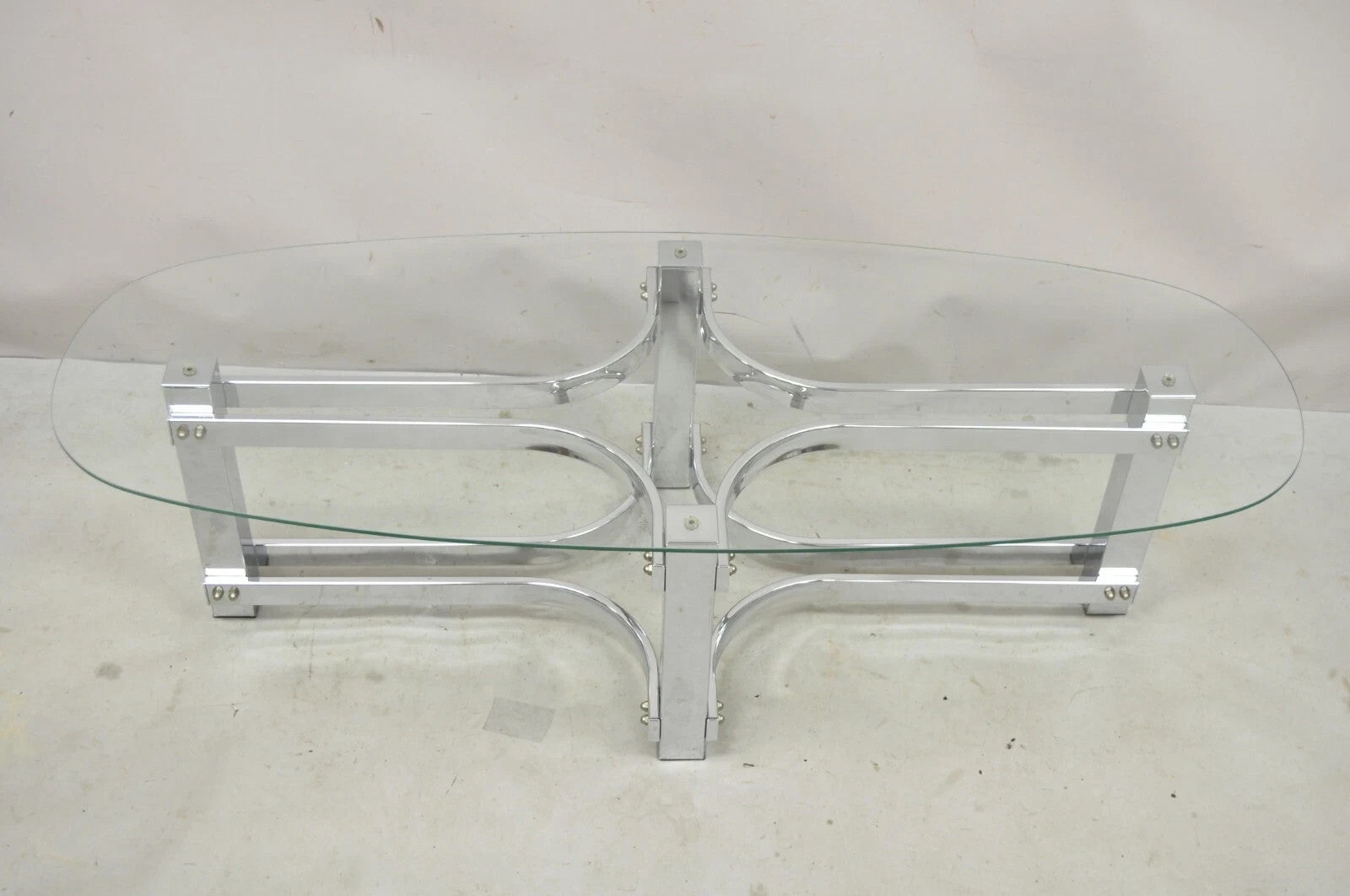 Vintage Mid Century Modern Oval Glass Top Sculptural Chrome Frame Coffee Table