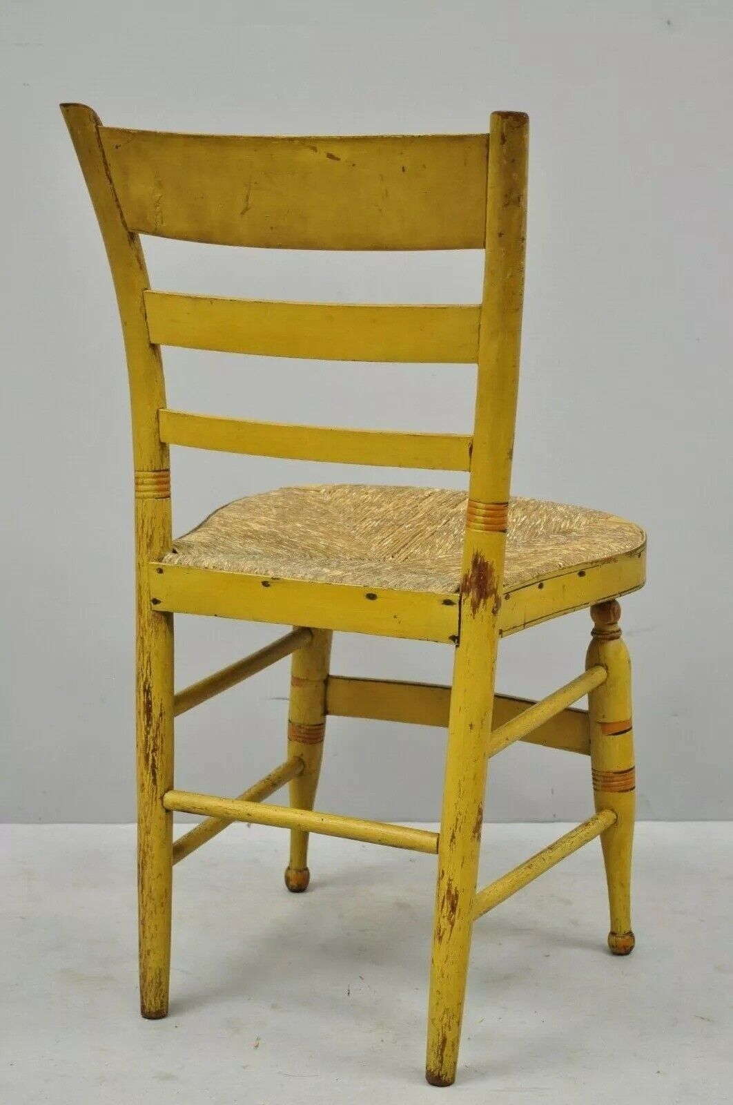 Antique Hitchcock Style Slat Back Rush Seat Yellow Paint Stencil Side Chair (B)