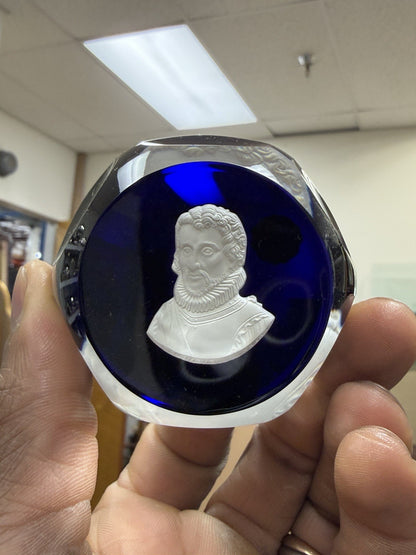 Cristal D'Albret France Christopher Columbus Sulphide Paperweight Faceted Blue