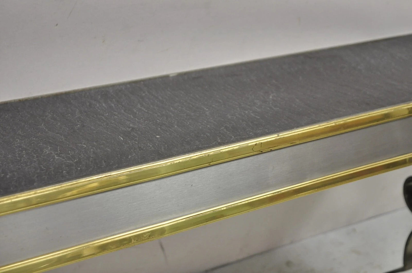 Vintage Italian Regency Steel & Brass Slate Top Wall Mounted Hall Console Table