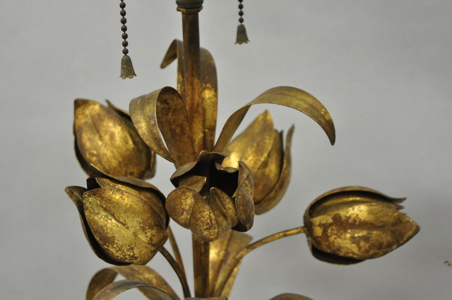 Vintage Italian Hollywood Regency Gold Gilt Iron Flower Bouquet Table Lamps Pair