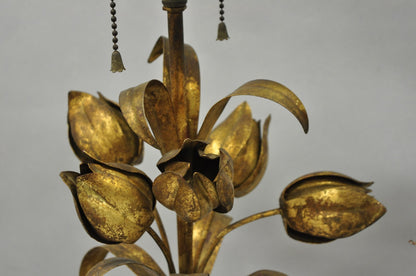 Vintage Italian Hollywood Regency Gold Gilt Iron Flower Bouquet Table Lamps Pair