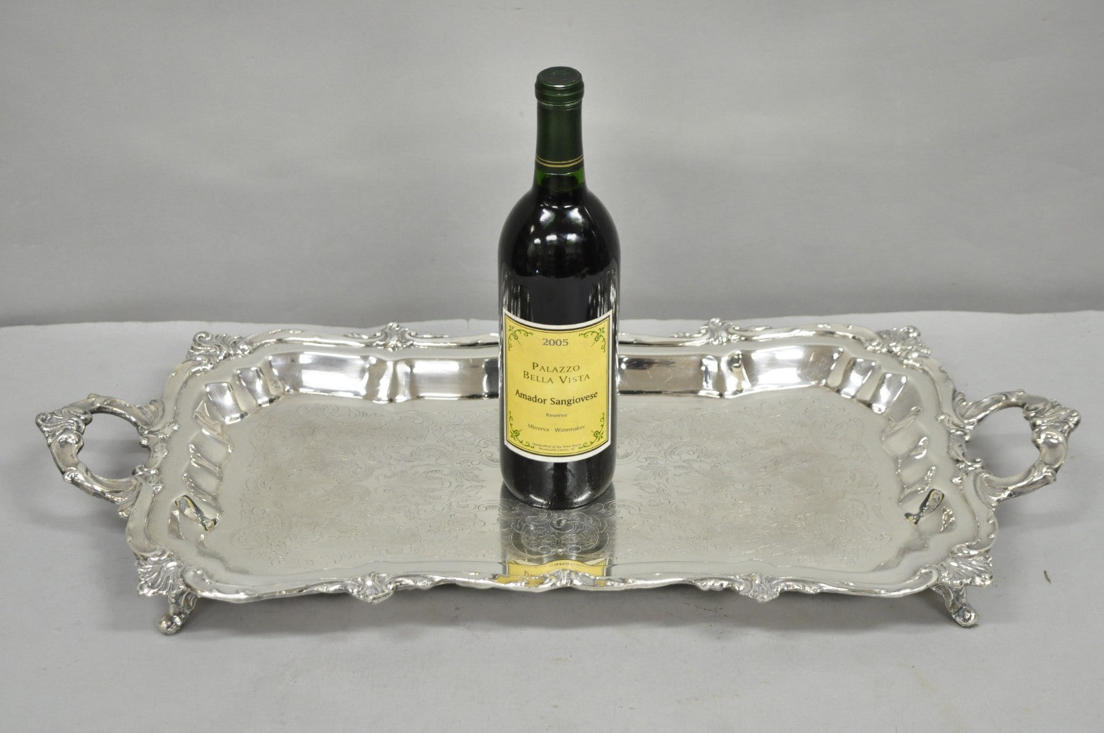 Vintage Victorian Silver Plated Narrow Footed Bar Serving Tray w Handles by Eton