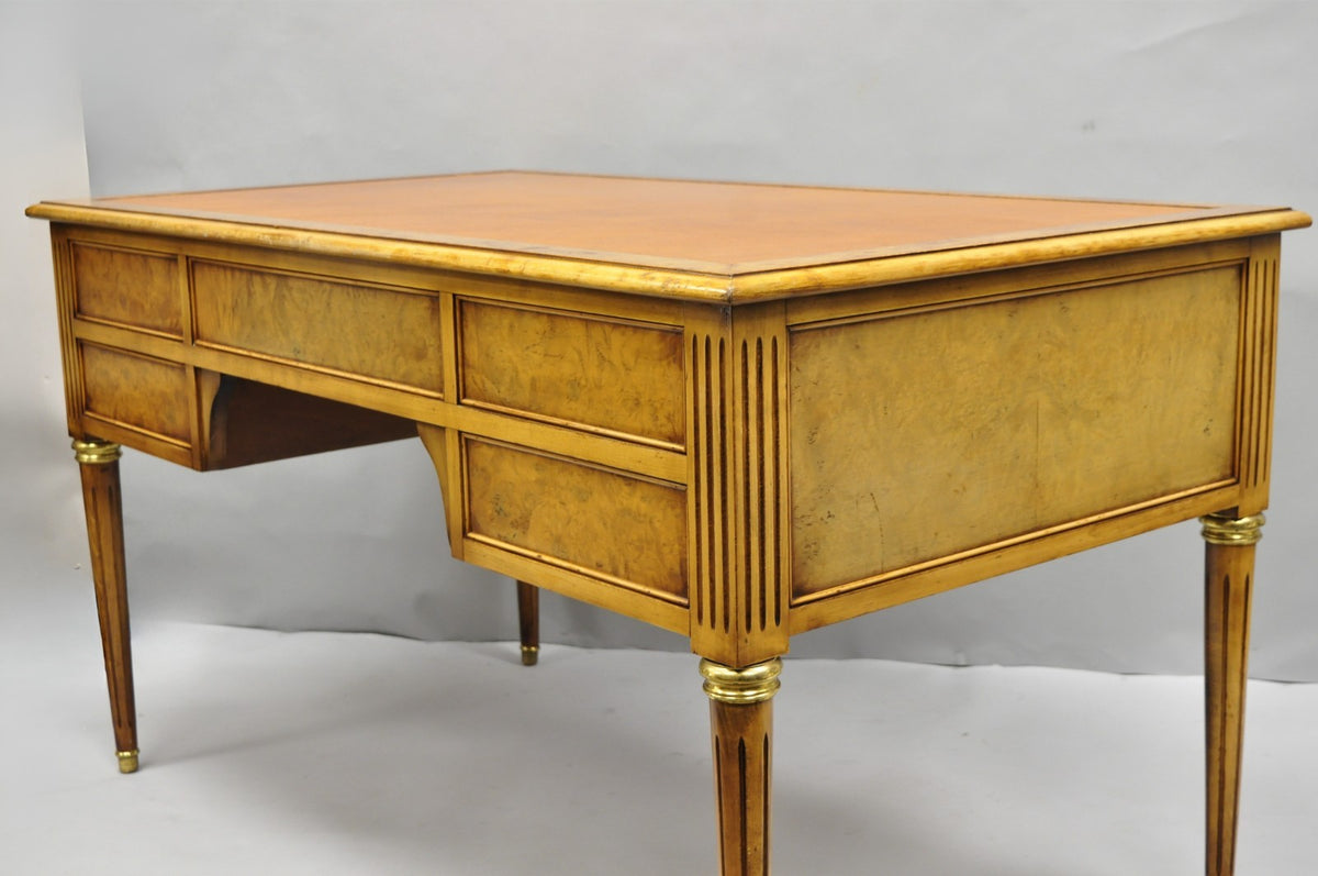Vintage French Louis XVI Style Burl Walnut Tooled Leather Top Writing Desk