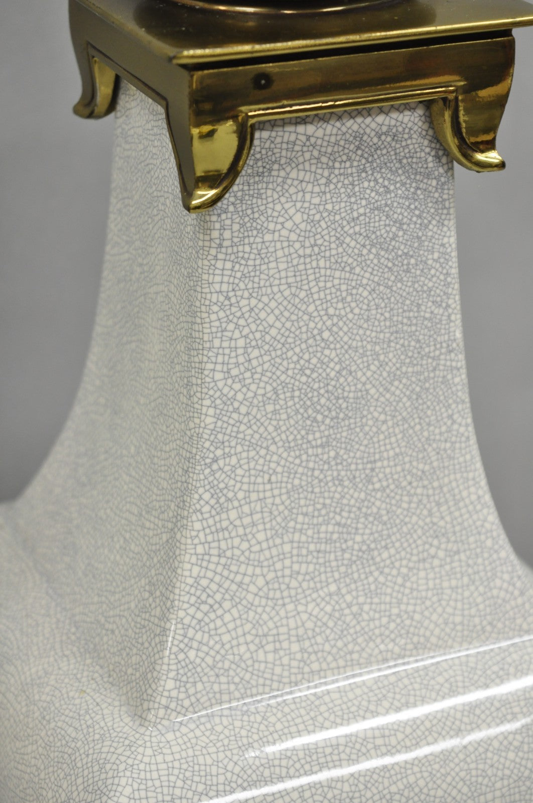 Stiffel Hollywood Regency Tall Crackle Glazed Ceramic & Brass Table Lamps a Pair