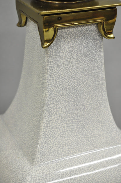 Stiffel Hollywood Regency Tall Crackle Glazed Ceramic & Brass Table Lamps a Pair