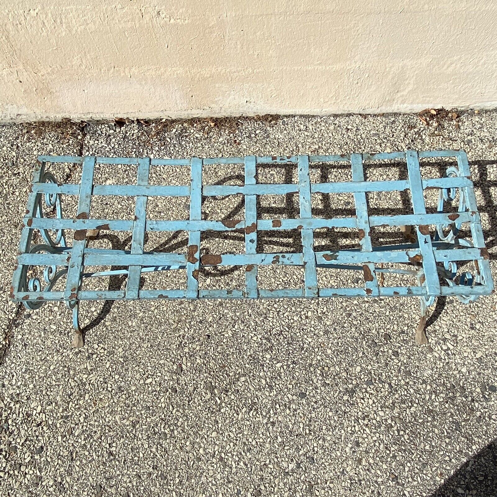 Antique French Art Nouveau Scrolling Wrought Iron Metal Strap Garden Patio Bench