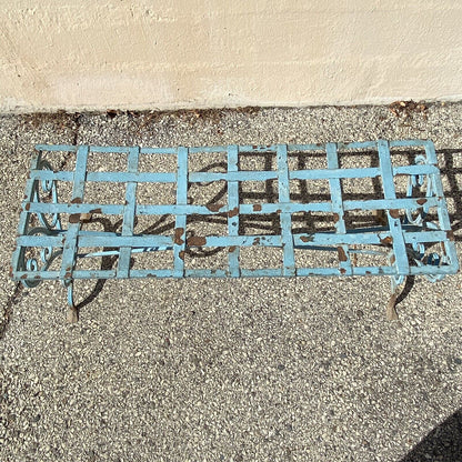 Antique French Art Nouveau Scrolling Wrought Iron Metal Strap Garden Patio Bench
