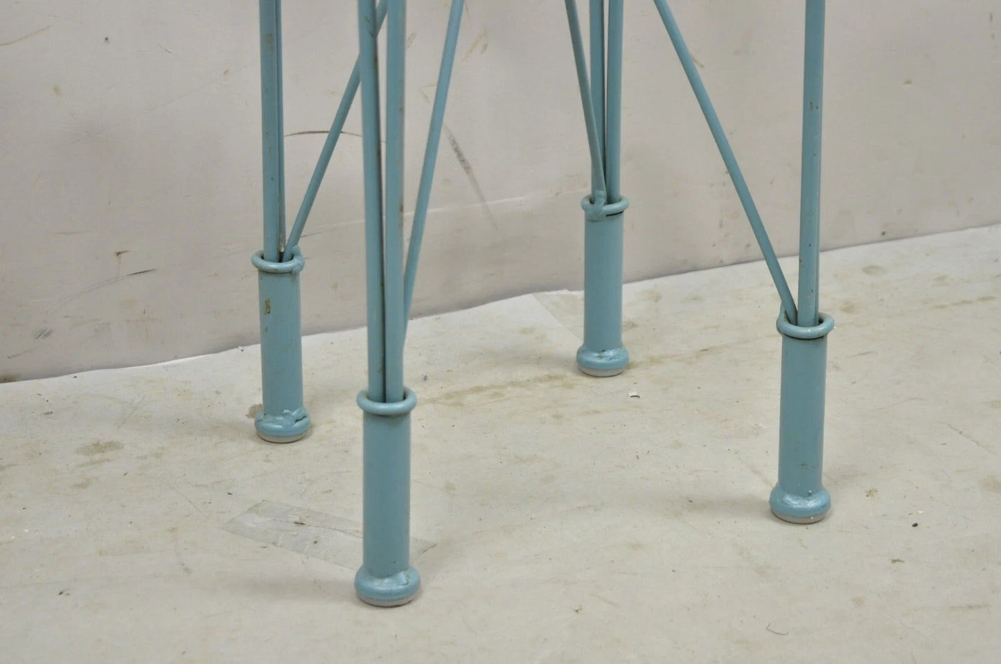 Postmodern Blue Wrought Iron "Skyscraper" Glass Top Pedestal Stand Side Table
