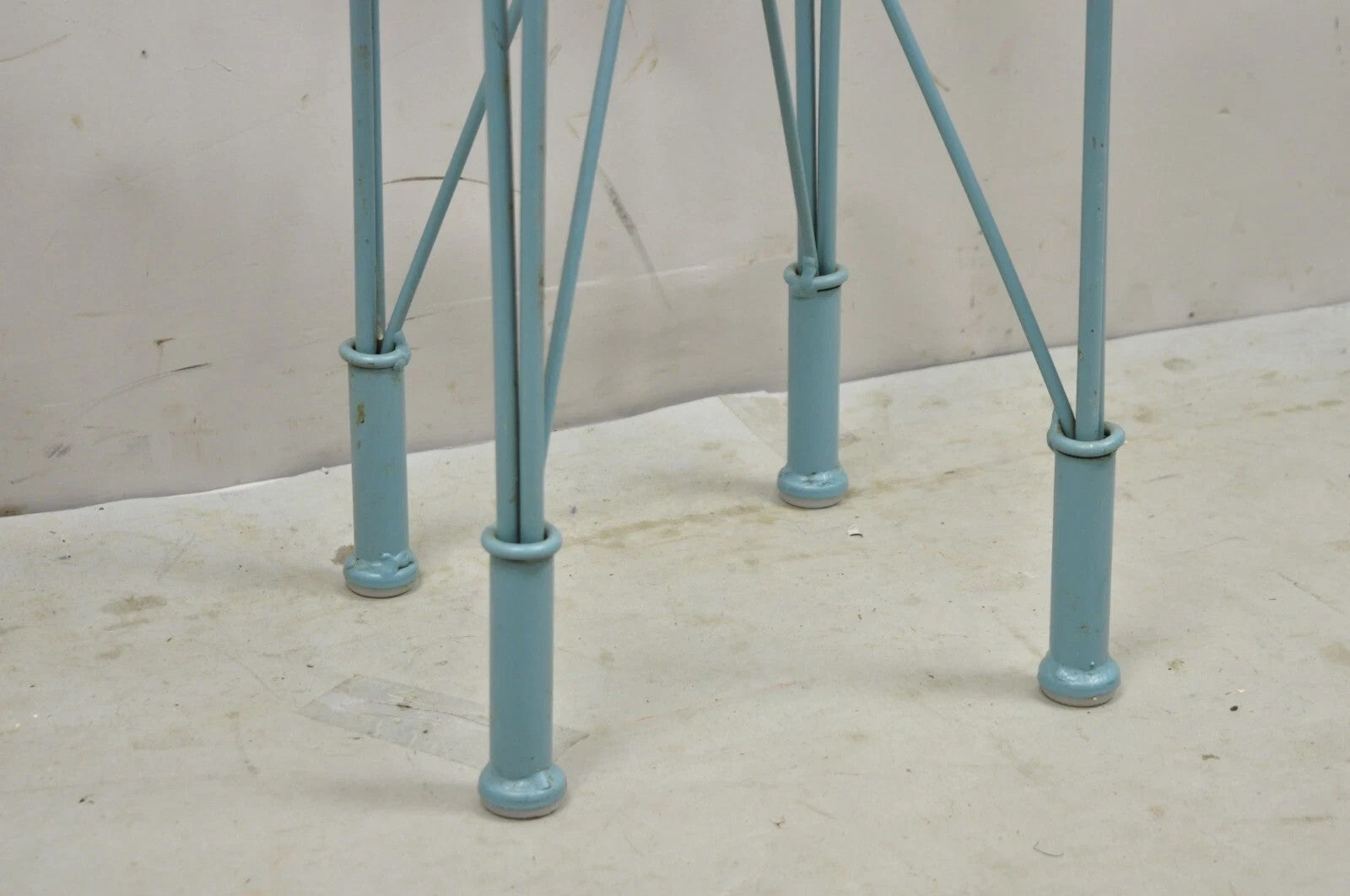 Postmodern Blue Wrought Iron "Skyscraper" Glass Top Pedestal Stand Side Table