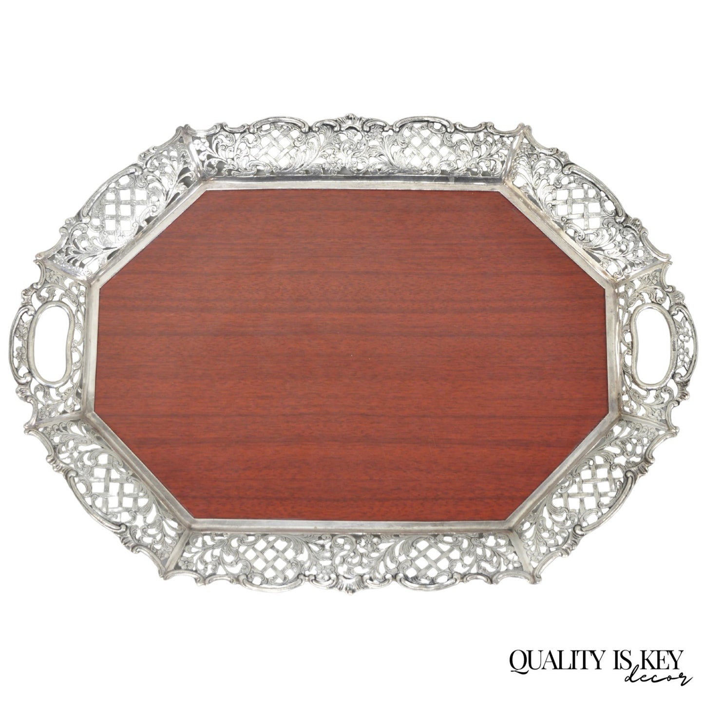 Vintage Victorian Melamine & Silver Plated Faux Wood Bar Liquor Serving Tray