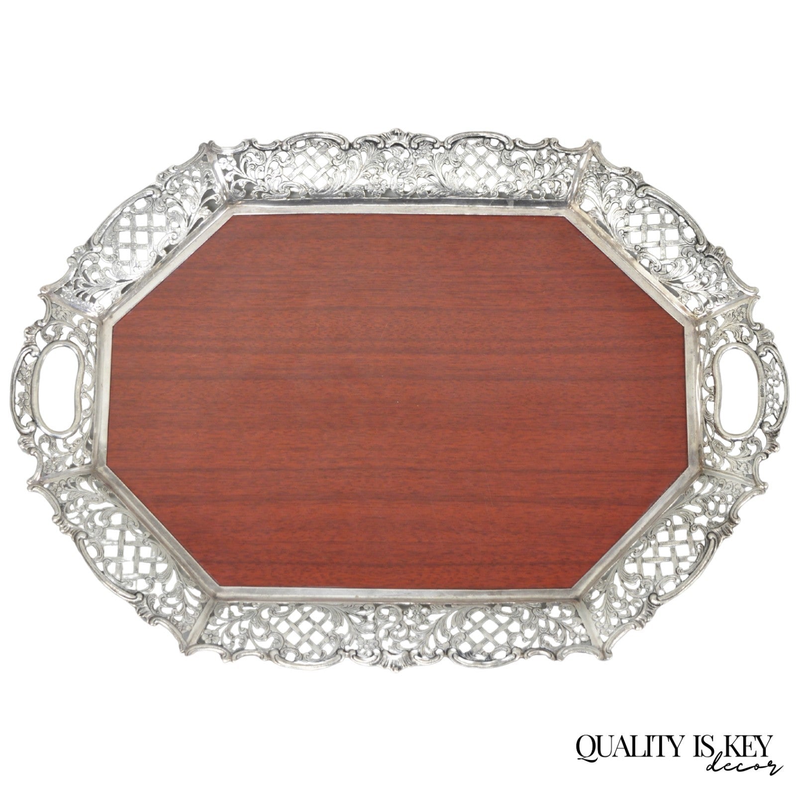 Vintage Victorian Melamine & Silver Plated Faux Wood Bar Liquor Serving Tray
