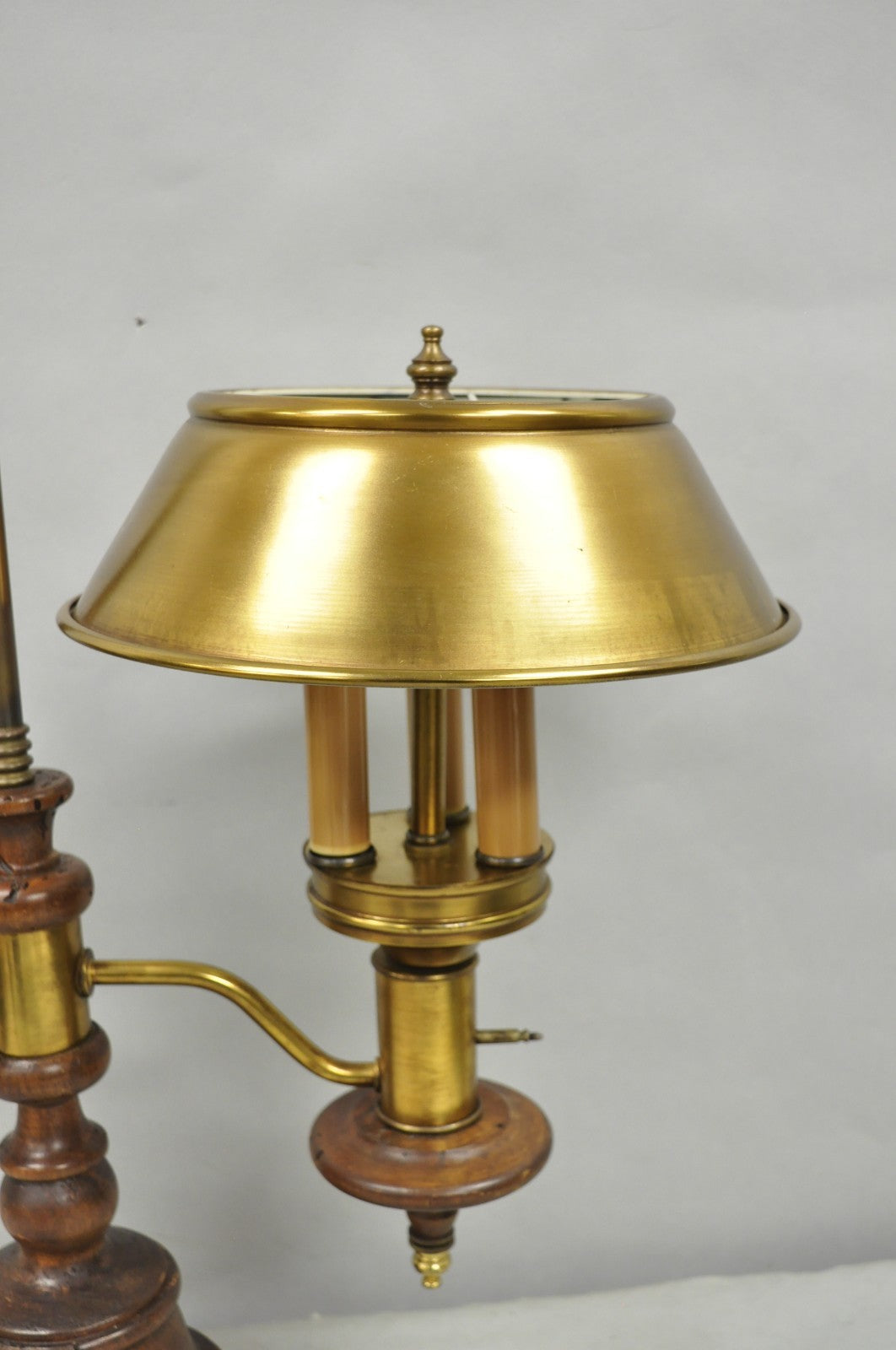 Vintage French Country Distressed Wood Brass Student Desk Lamp w/ Metal Shade