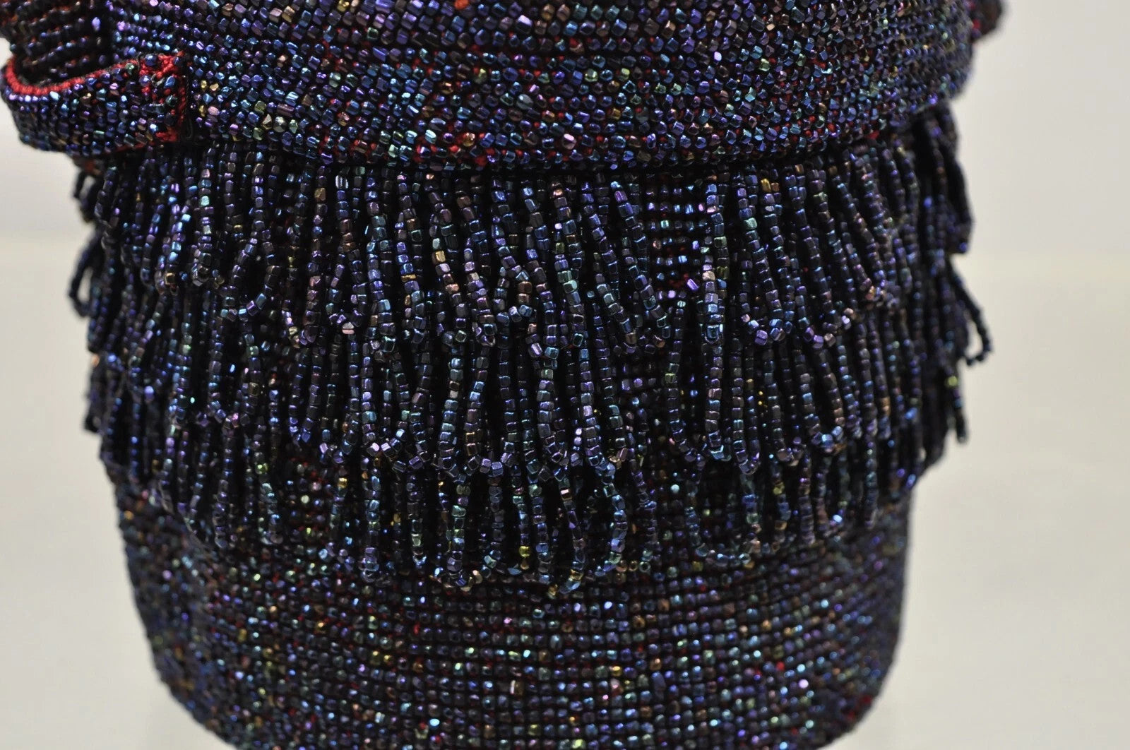 Vintage French Art Deco Blue Red Beaded Handbag Round Box Purse with Mirror