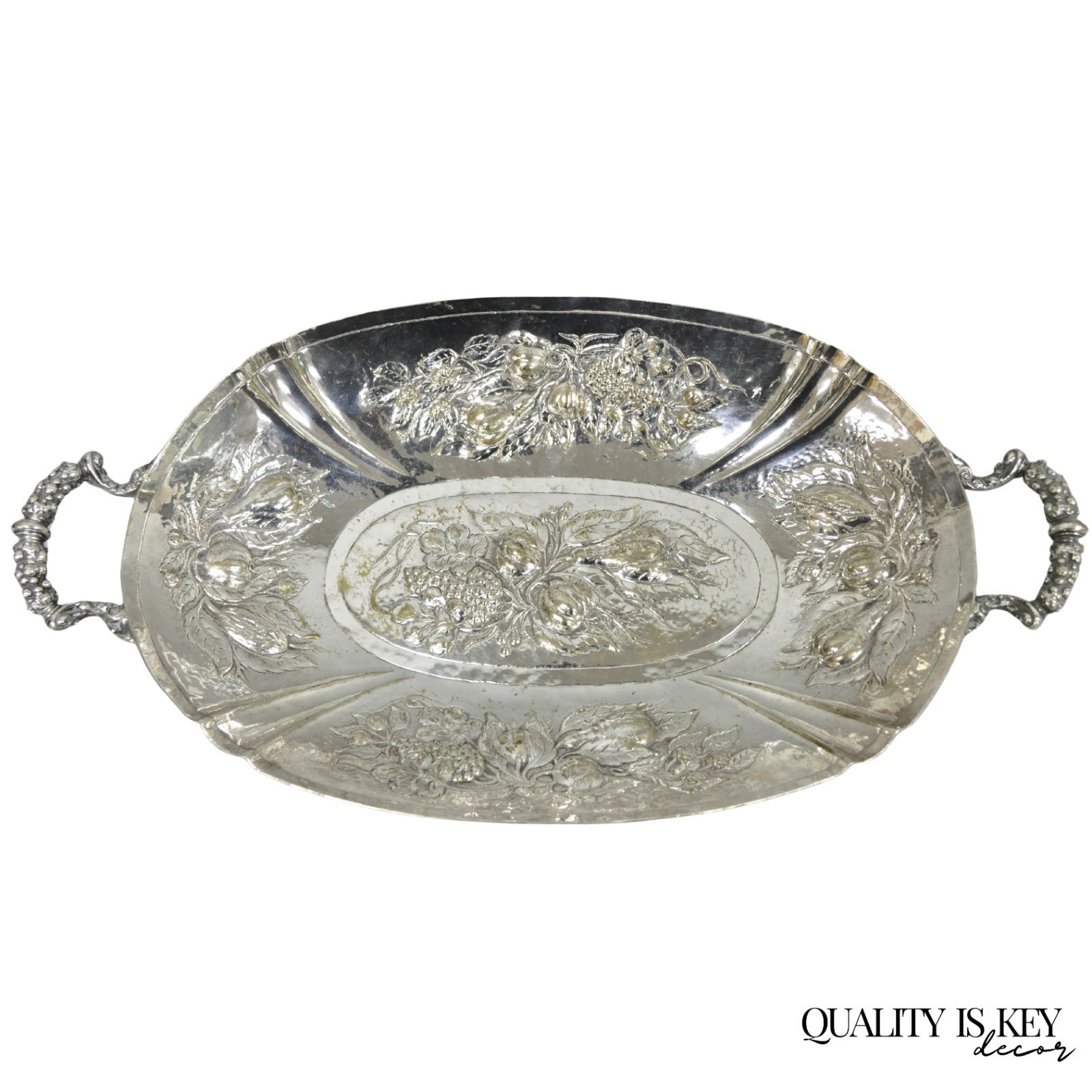 Antique Victorian Silver Plated Fruit Harvest Repousse Centerpiece Fruit Bowl