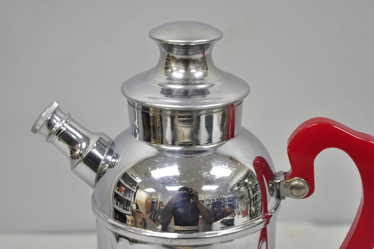 Vintage Art Deco Chrome Cocktail Martini Shaker Red Bakelite Handle by Chromium