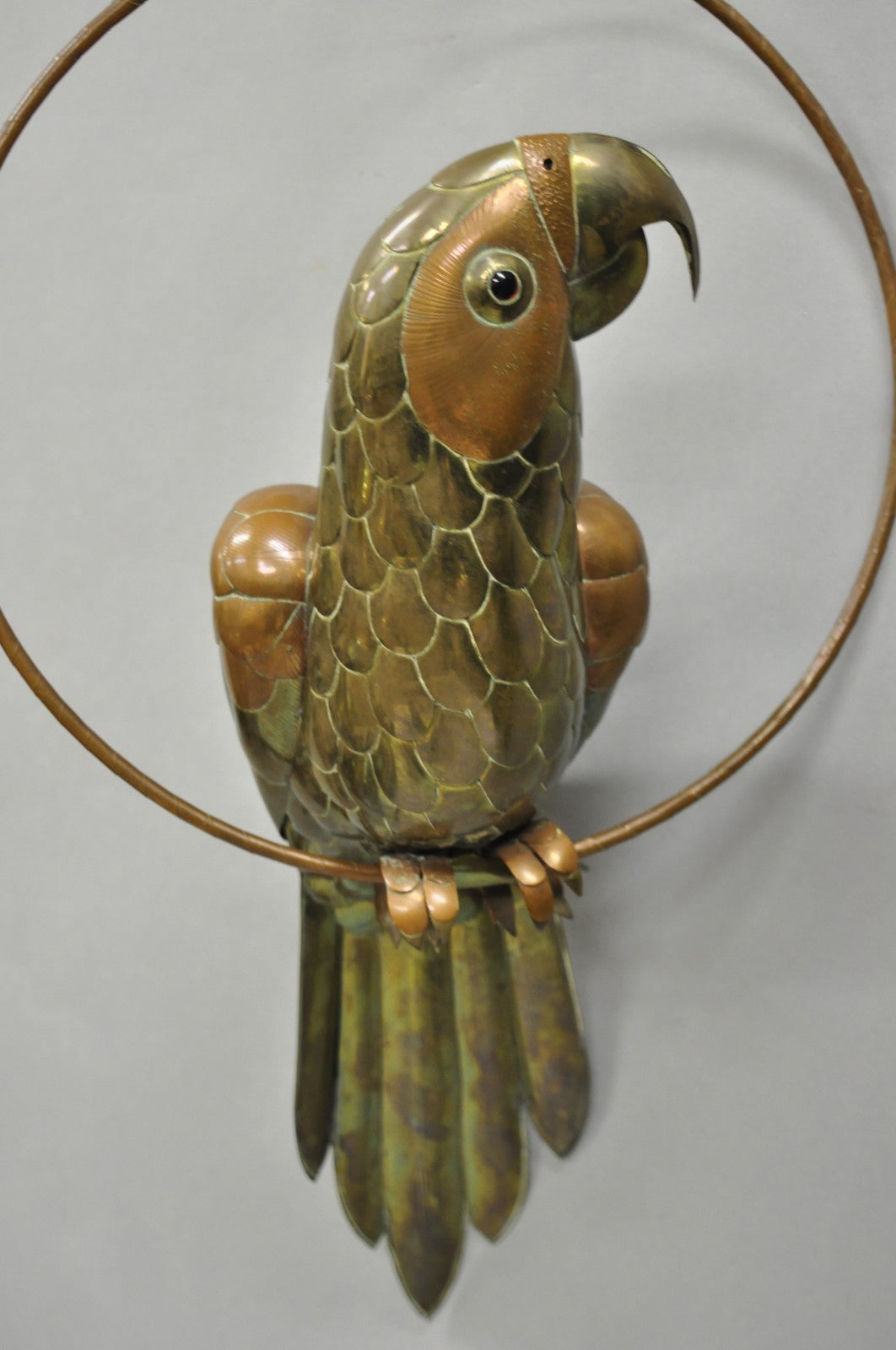 Vintage Sergio Bustamante Style Brass & Copper Parrot Swing Hanging Sculpture