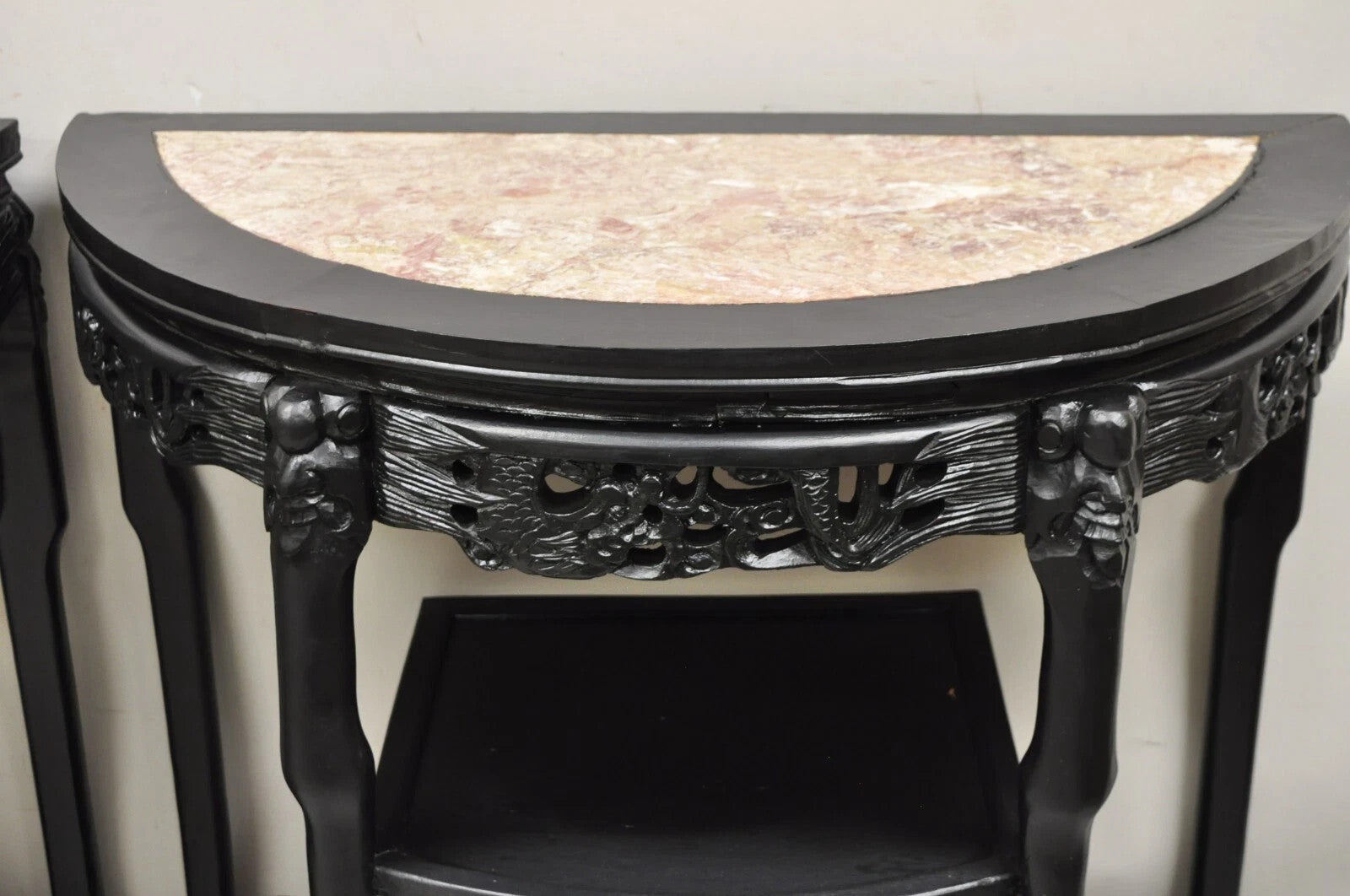 Vintage Chinese Chinoiserie Black Demilune Pink Marble Console Table - a Pair