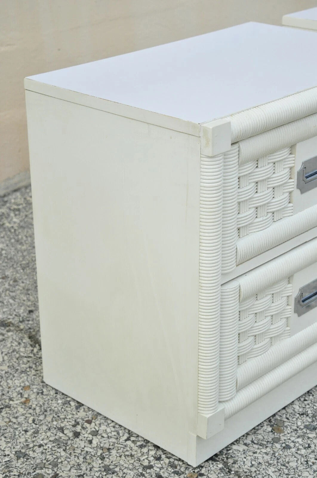 Vintage Hollywood Regency White Rattan Campaign Style Nightstands by Dixie Pair