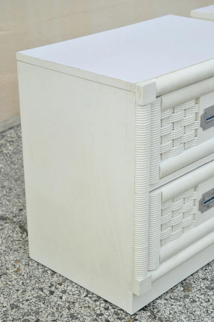 Vintage Hollywood Regency White Rattan Campaign Style Nightstands by Dixie Pair