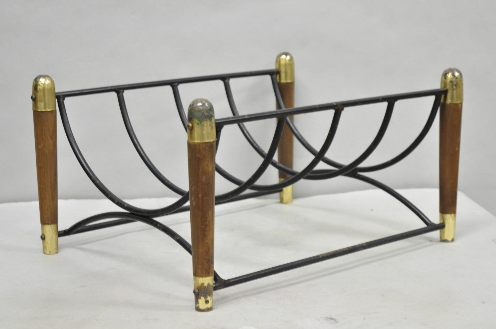 Mid Century Modern Wood & Wrought Iron Magazine Rack Fireplace Log Holder