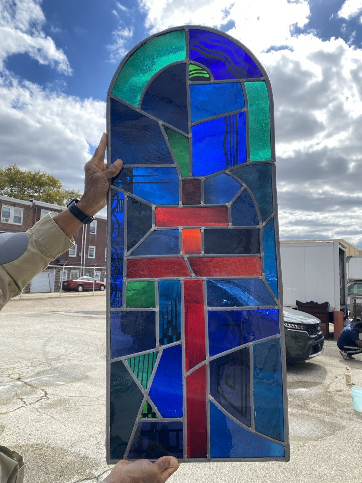 Vintage Art Deco Blue & Red Leaded Stained Glass Arched Window w/ Cross - 5 Pcs