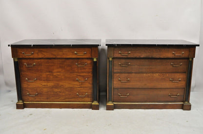 French Empire Neoclassical Style Marble Top Cherry Wood Commode Chest - a Pair