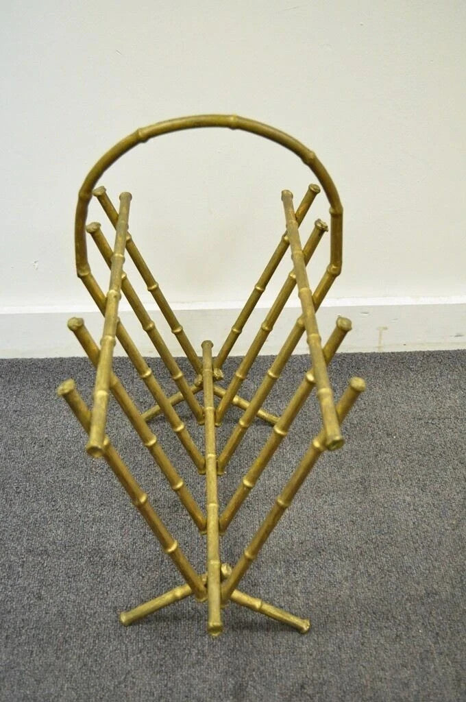 Vintage Italian Hollywood Regency Gold Gilt Metal Faux Bamboo Magazine Rack