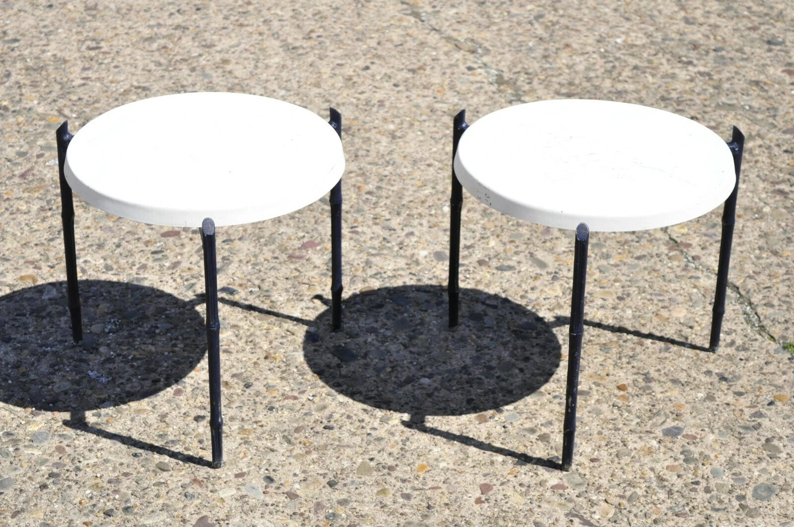 Vintage Aluminum Faux Bamboo Round Fiberglass Pool Patio Side Tables - a Pair