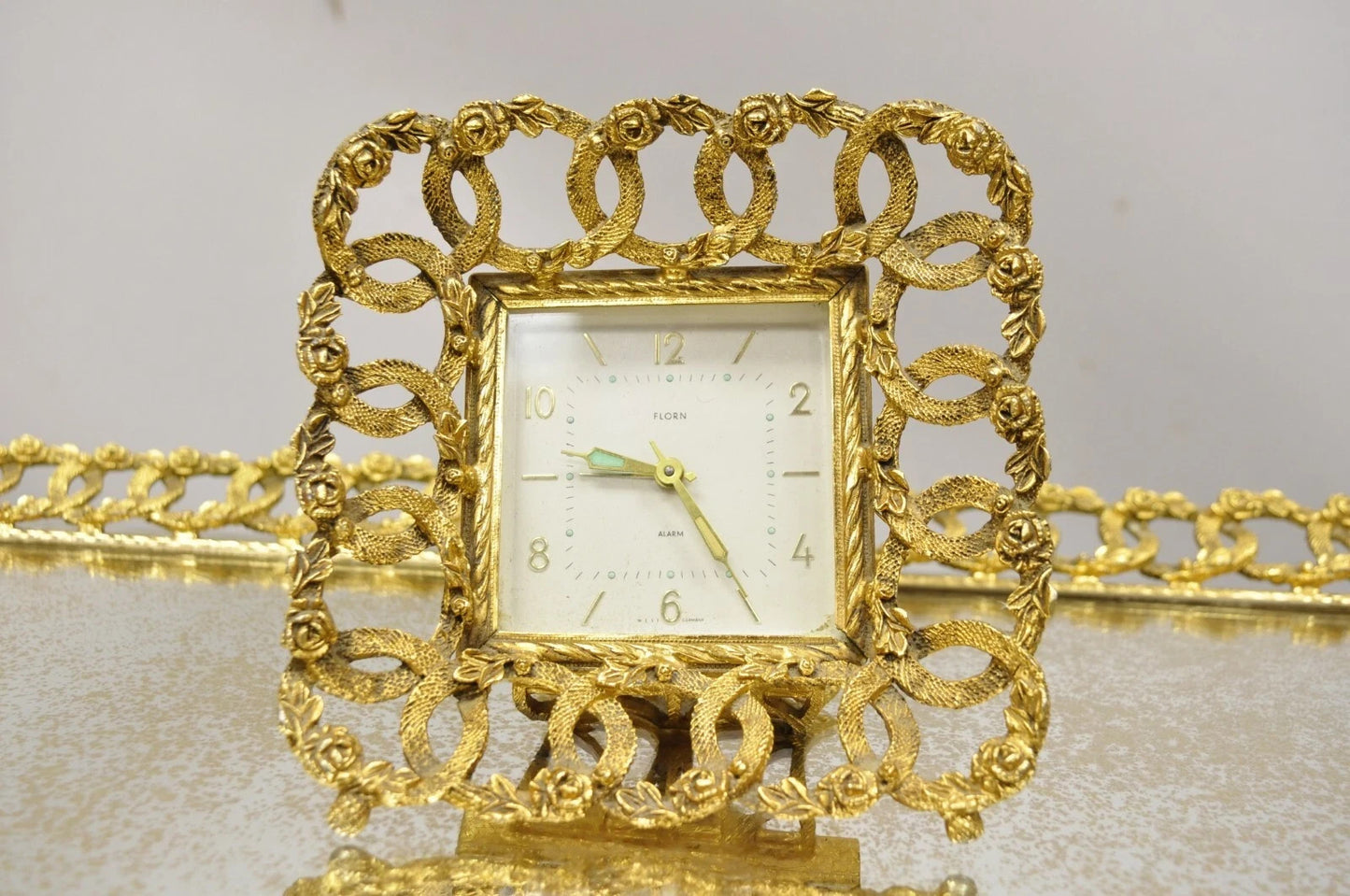 Vintage French Gold Filigree Vanity Set Perfume Clock Jewelry Box & Tray - 5 Pcs