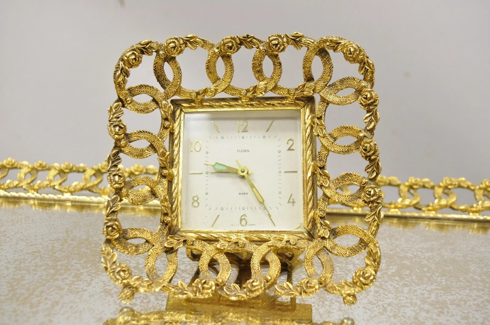 Vintage French Gold Filigree Vanity Set Perfume Clock Jewelry Box & Tray - 5 Pcs
