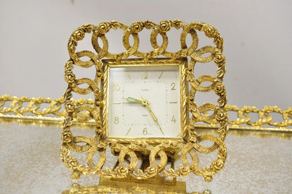 Vintage French Gold Filigree Vanity Set Perfume Clock Jewelry Box & Tray - 5 Pcs