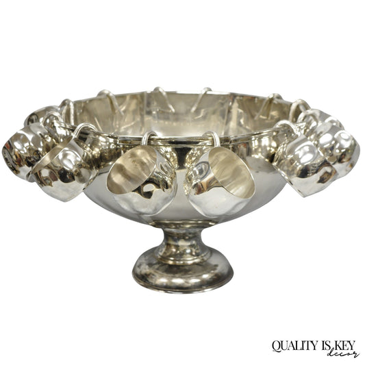 Vintage Modern Regency Style Silver Plated Pedestal Punch Bowl w 12 Hanging Cups