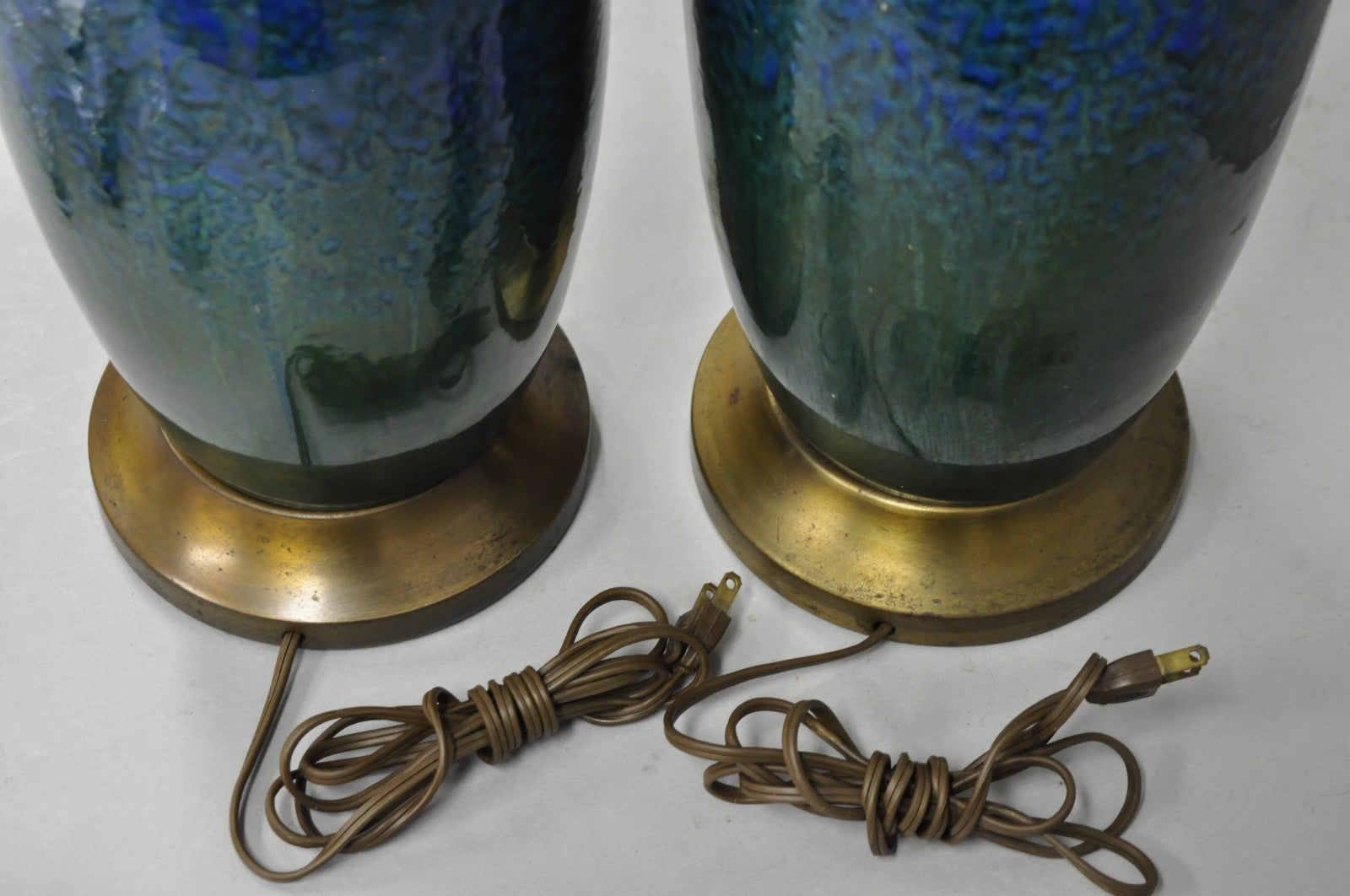 Mid Century Modern Blue & Green "Peacock" Glazed Ceramic Pottery Table Lamp Pair