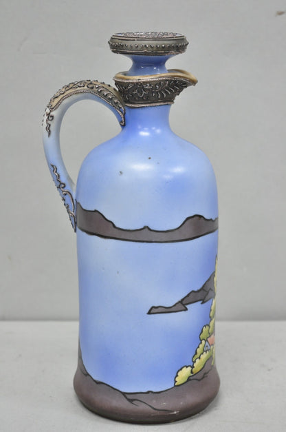 Antique Nippon Hand Painted Blue Halloween Pattern Porcelain Wine Jug w/ Cork