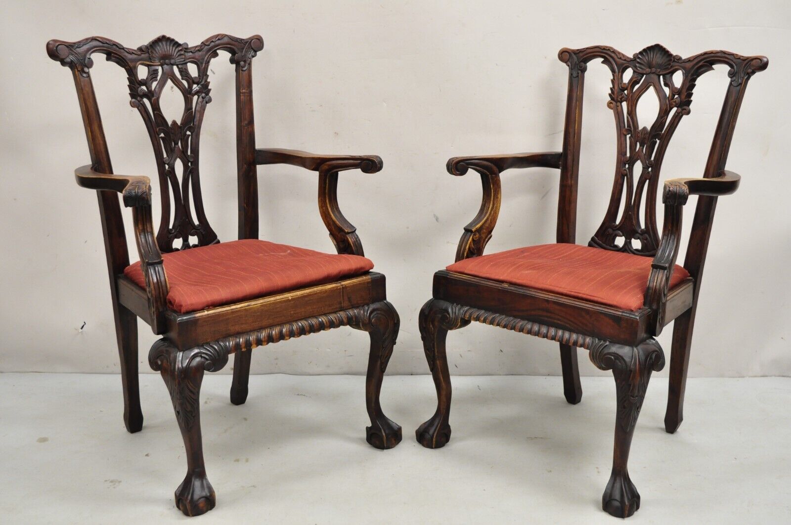 Chippendale Style Mahogany Carved Ball and Claw Dining Arm Chairs - a Pair