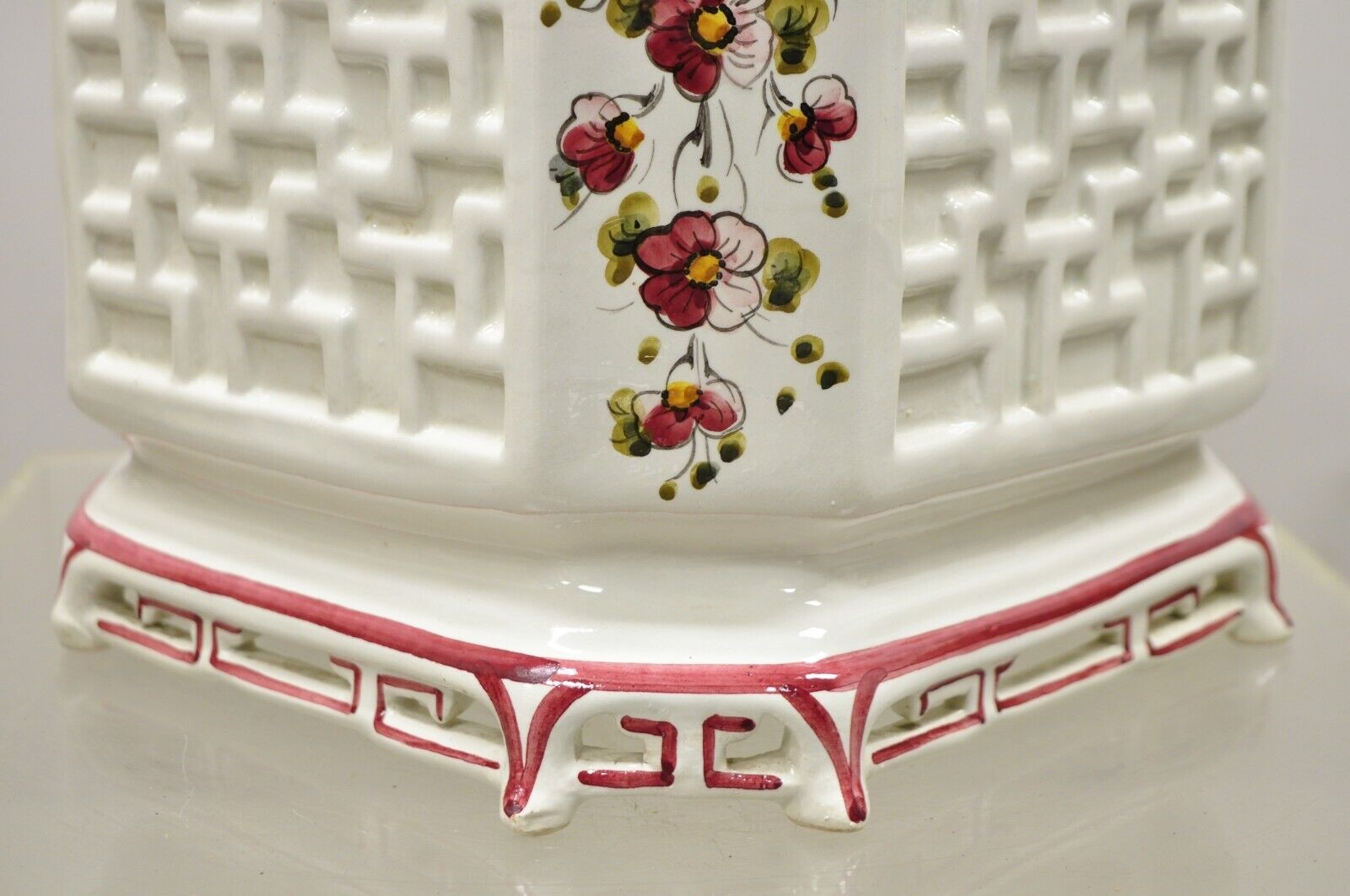 Vtg Italian Ceramic Octagonal Lattice Fretwork Pink Flower Garden Planter Pot