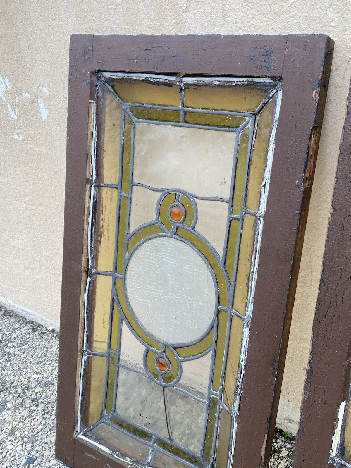 Antique Victorian Green Stained Glass Window Orange Jewel in Wood Frame Set of 3