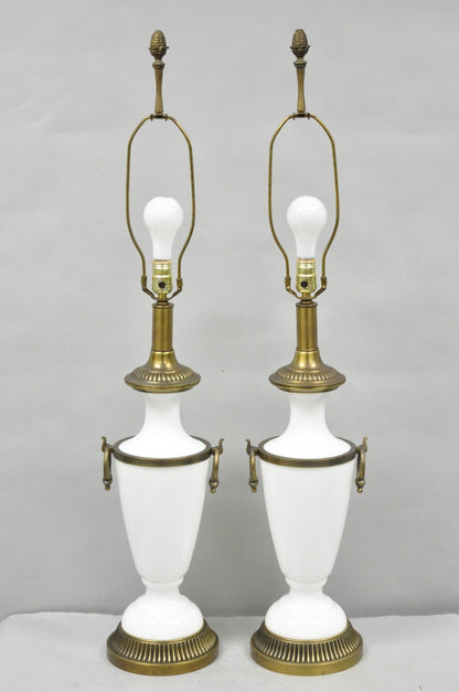 Vintage French Neoclassical White Milk Glass Urn Table Lamp by Paul Hanson, Pair