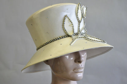 Pearl Leaf Iridescent Rhinestones Satin Church Derby Top Hat Ladies Crown