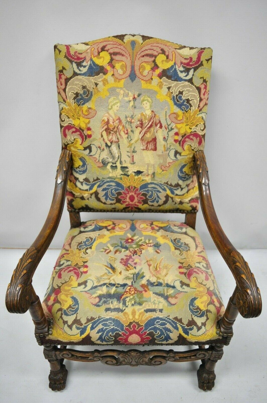 19th C. French Renaissance Needlepoint Upholstery Carved Walnut Throne Arm Chair