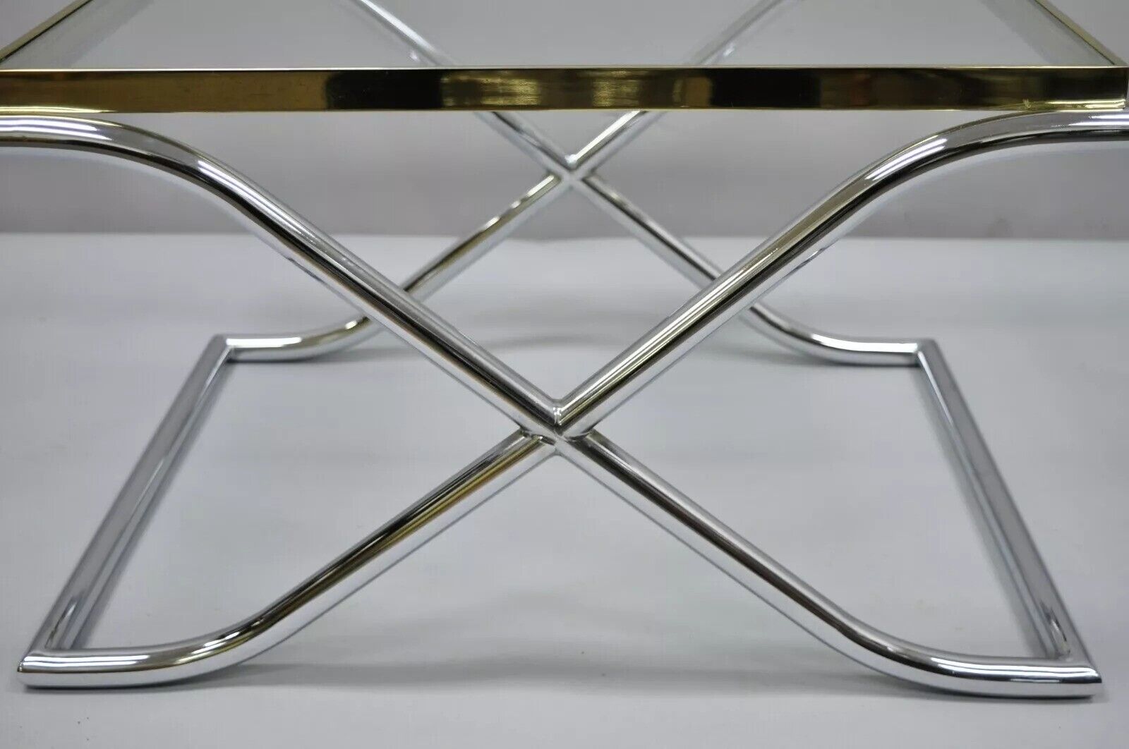 Vintage Hollywood Regency X-Frame Chrome Brass & Glass Small Coffee Table