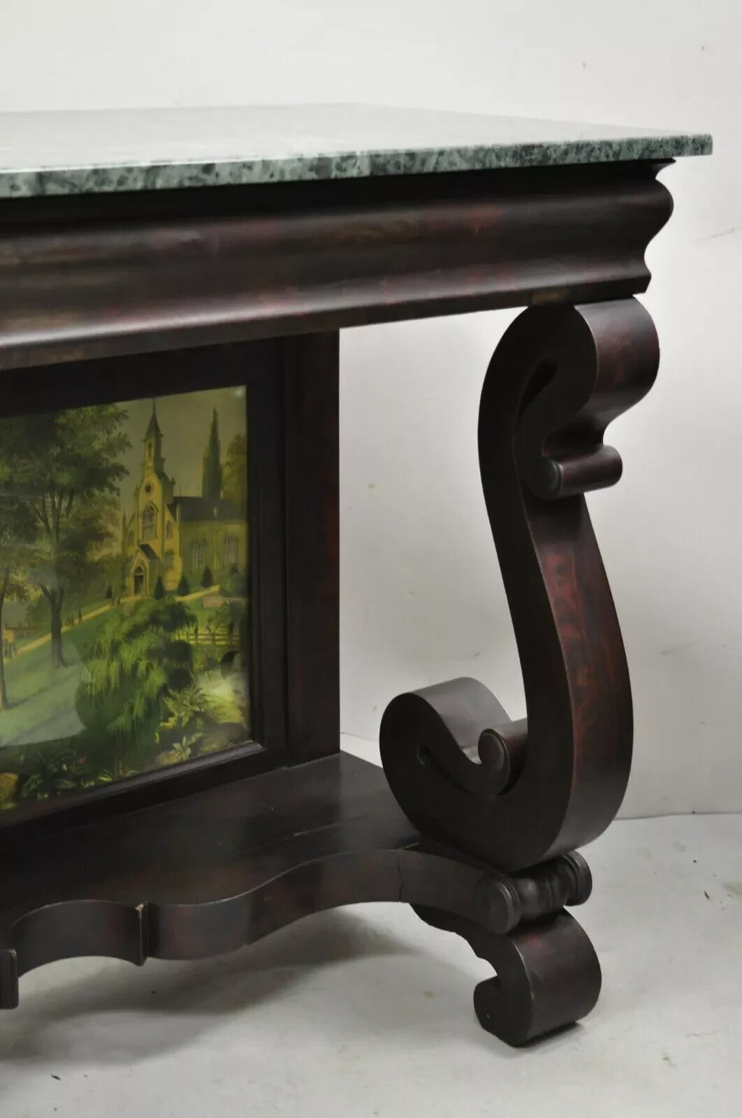 Antique American Empire Mahogany Green Marble Top Console Hall Table