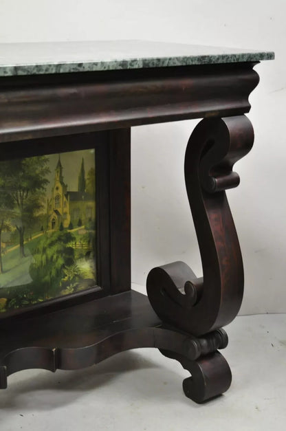 Antique American Empire Mahogany Green Marble Top Console Hall Table