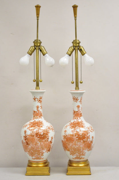 Vintage Marbro Chinoiserie Porcelain Vase Orange Floral Asian Table Lamp Pair